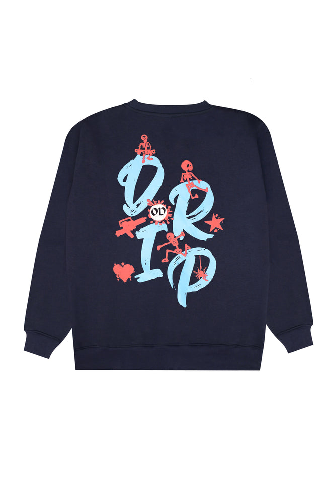 Back view mockup of the blue Skulls Edition sweatshirt by Outdrip, showcasing detailed print design.