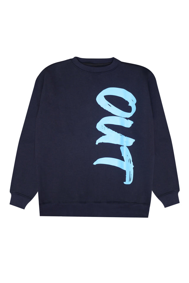 Front mockup of Outdrip’s blue Skulls Edition sweatshirt with bold screen and puff print on heavyweight 350 GSM fabric.
