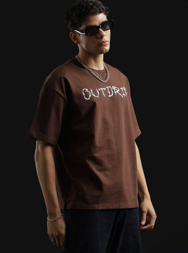 Out of Bounds Tee front view – Outdrip mocha brown oversized streetwear tee