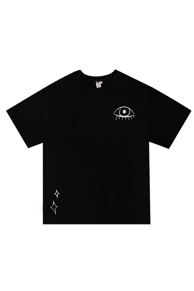 Front mockup of COSMIC WATCHER t-shirt by Outdrip – premium streetwear with embroidery 

