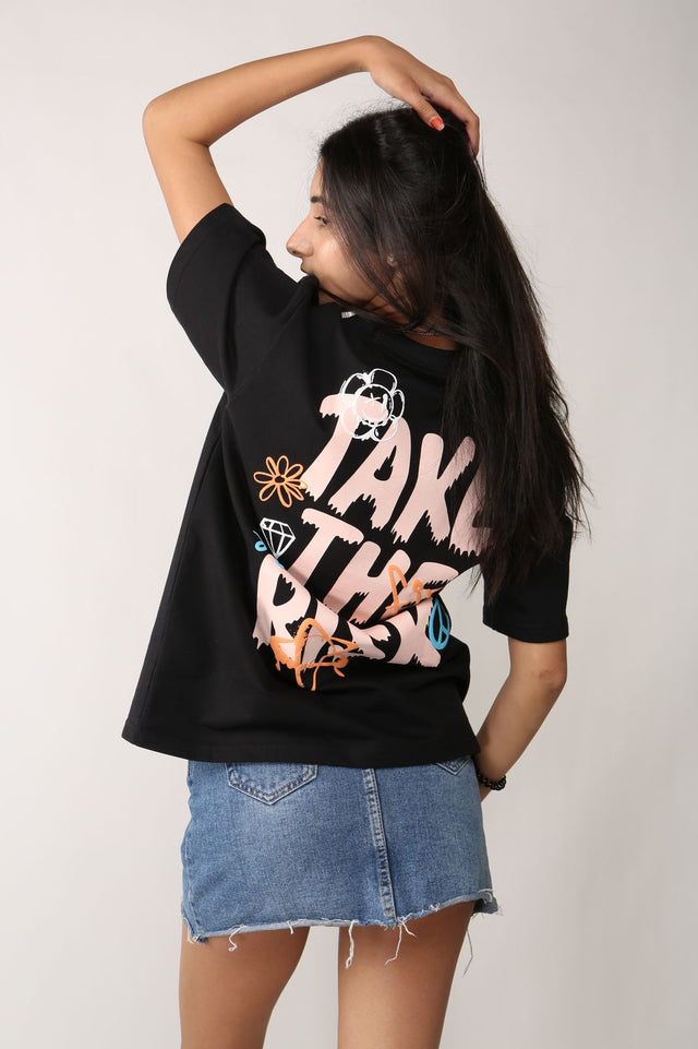 Back view of female model wearing DARE2DRIP T-shirt – streetwear cut with soft cotton finish