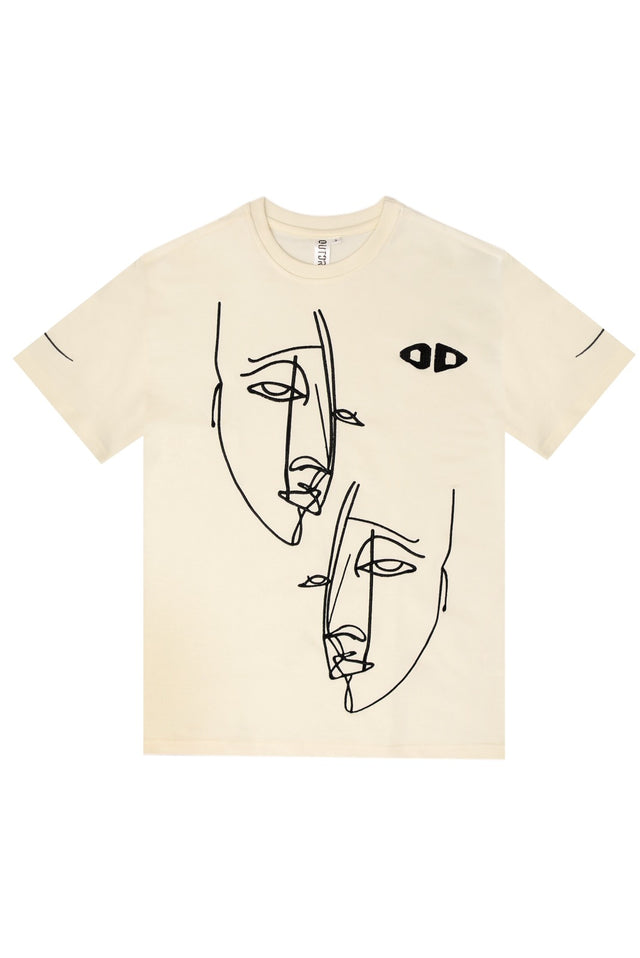 Front mockup of FRAGMENTED FACES T-shirt by Outdrip – artistic streetwear with abstract design