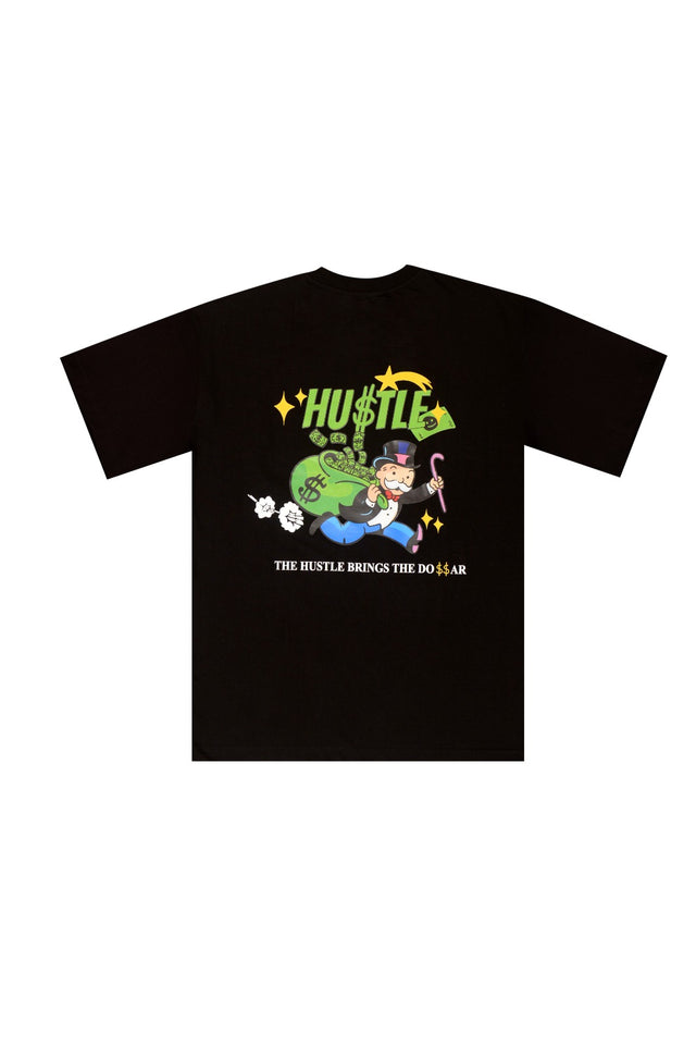 Back side mockup of black Hustle Tee by Outdrip, showcasing high-quality DTF printing.
