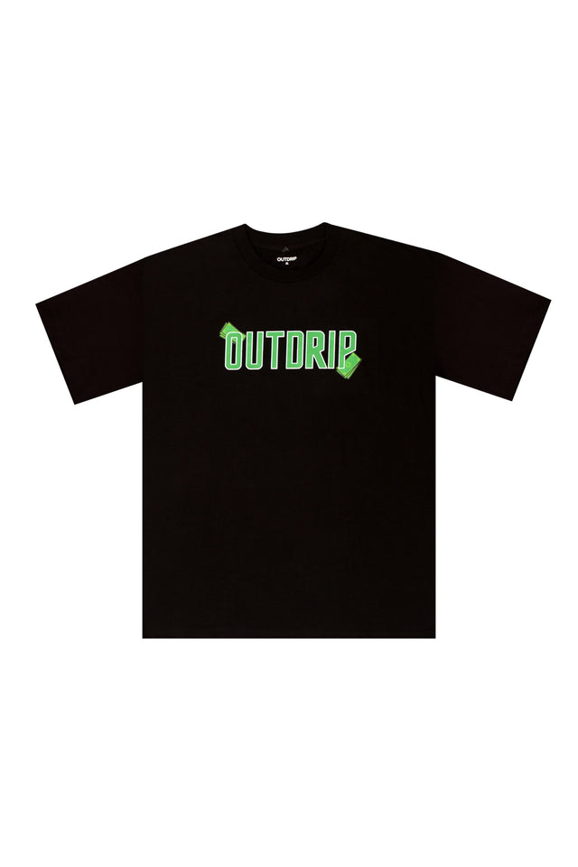 Front view mockup of Outdrip’s black Hustle Tee featuring bold DTF print on 240 GSM cotto