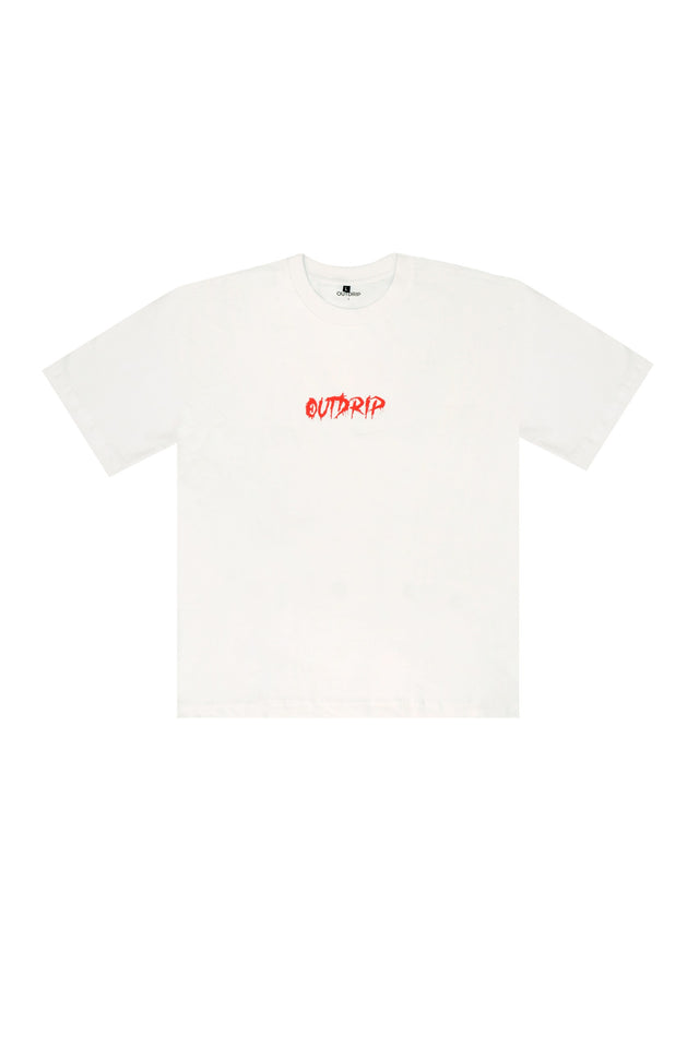 Front mockup of Outdrip’s white Love T-shirt featuring minimal screen print design on premium cotton.
