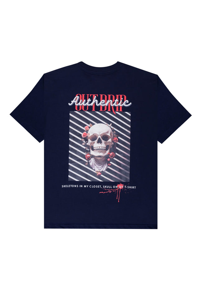 Back mockup of the blue Skulls & Roses Tee by Outdrip, highlighting the print placement and fit.
