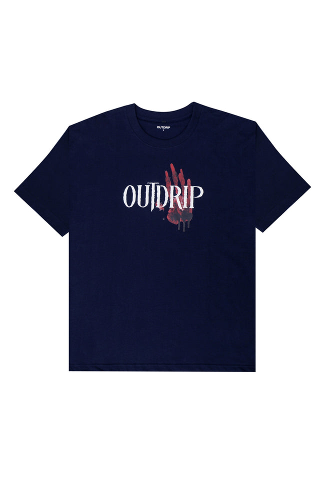 Front view mockup of Outdrip’s blue Skulls & Roses T-shirt with intricate DTF print on 240 GSM cotton.
